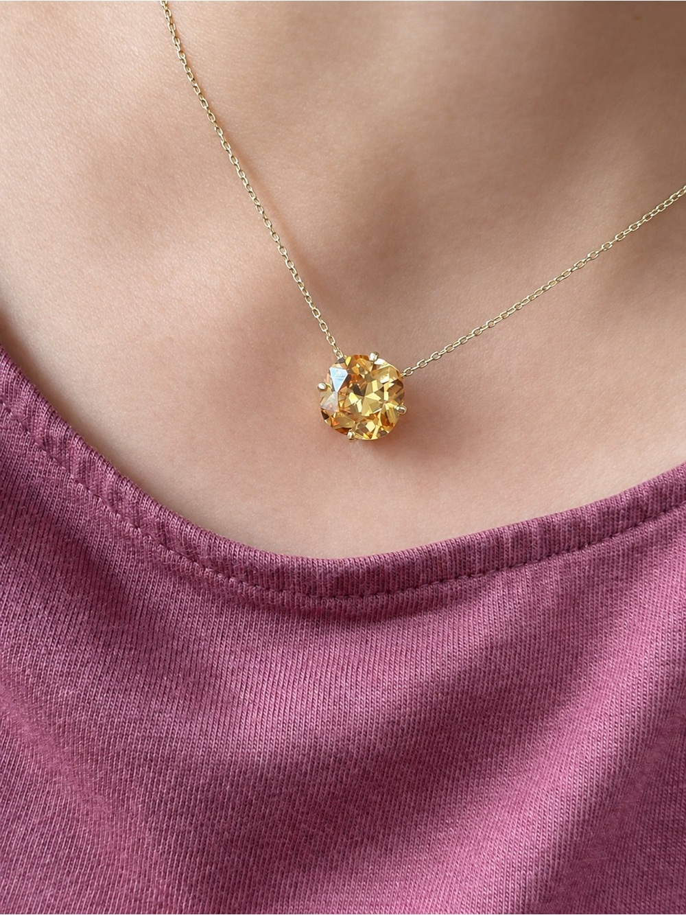 Elegant Gold Necklace with Peach-Coral Solitaire Pendant